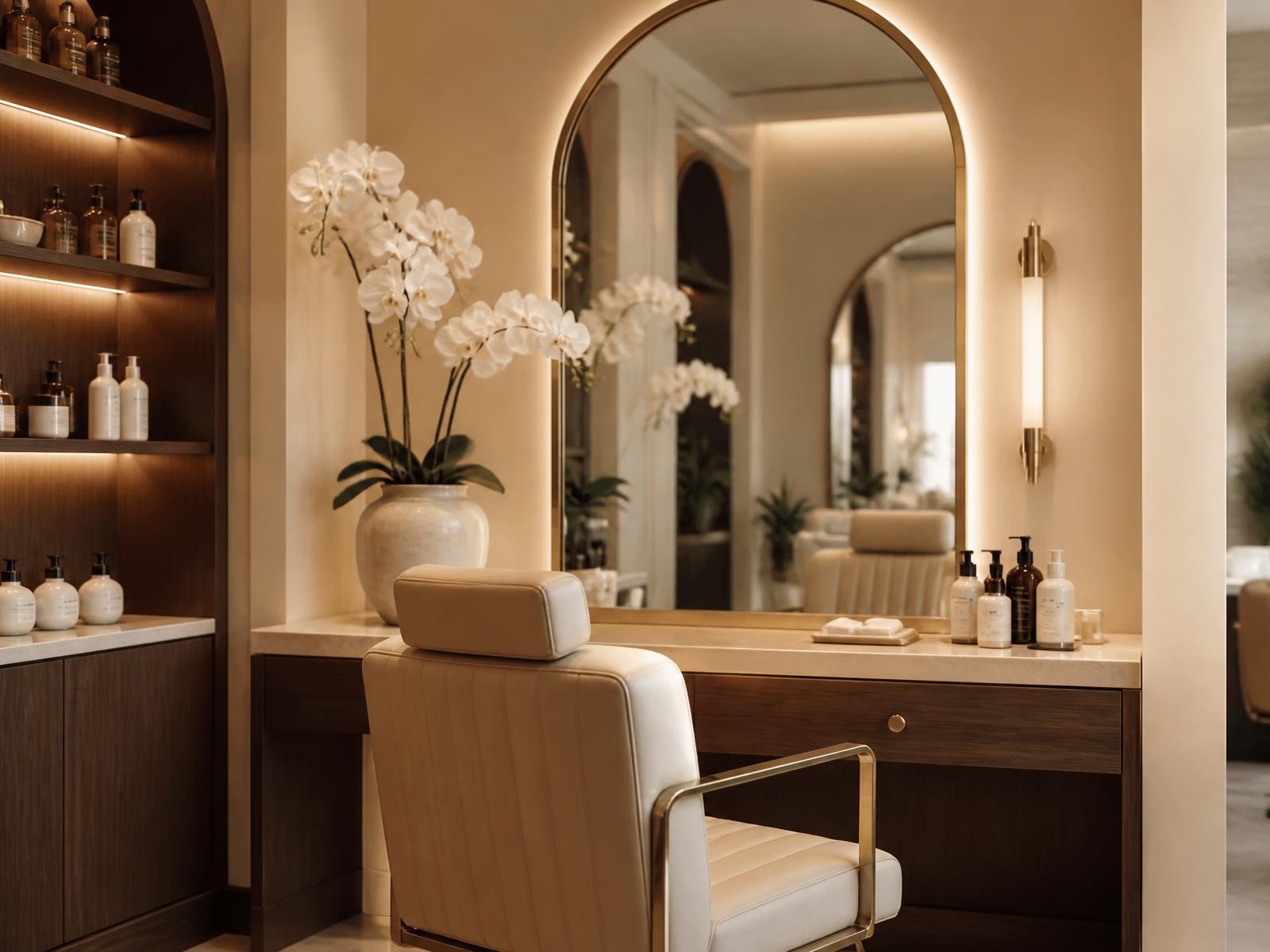 Warm, softly lit interior of Sisters Retreat Salon & Spa in Doha