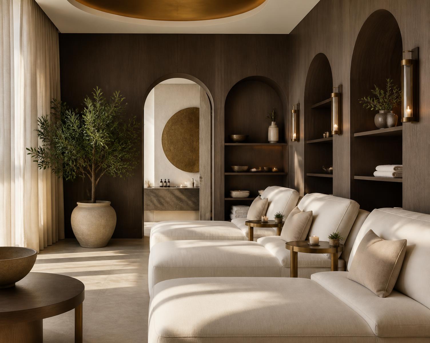 Relaxation lounge with cream seating and warm wood at Sisters Retreat